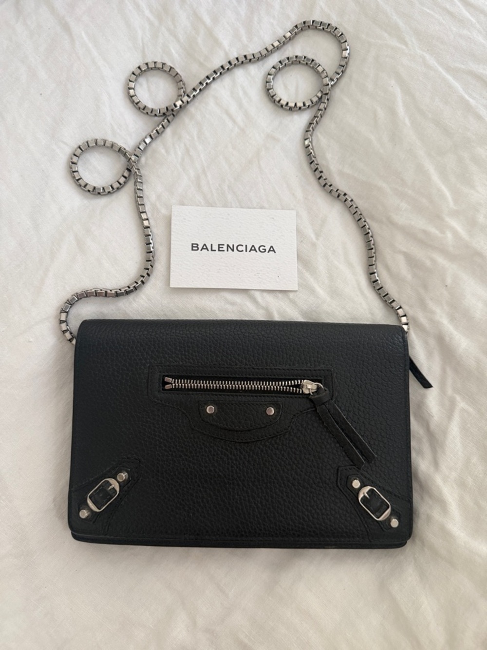 Vintage Balenciaga Black Leather Crossbody with Silver Chain